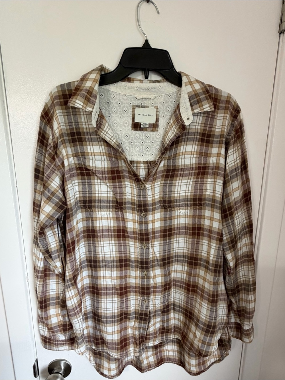 American Eagle Outfitters Brown and White Plaid Button-Down Shirt